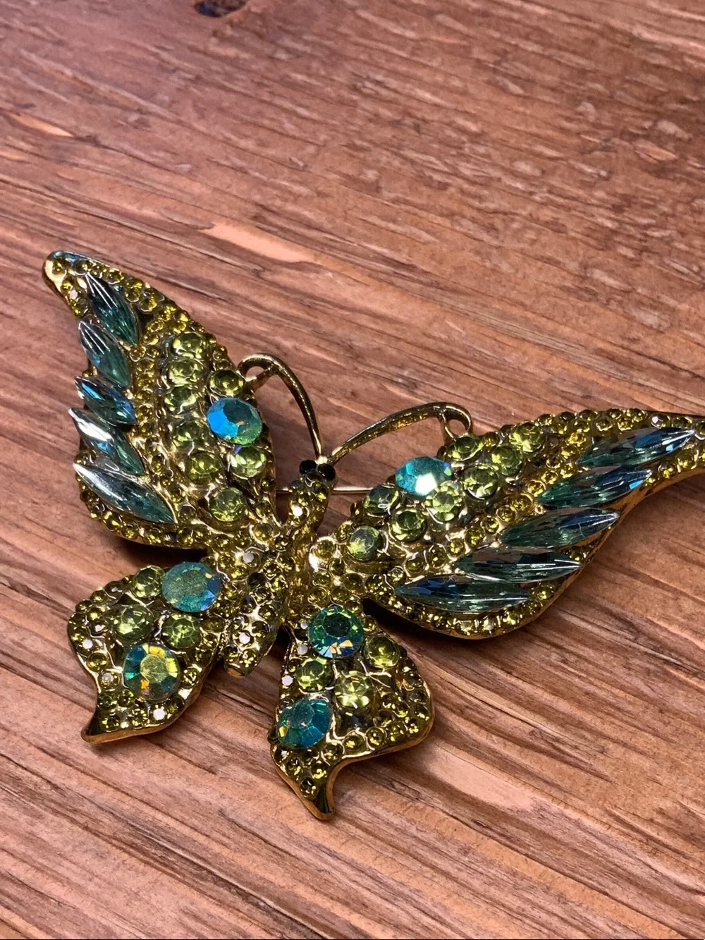 Green and Teal Crystal Butterfly Vintage Style Gold Tone Brooch